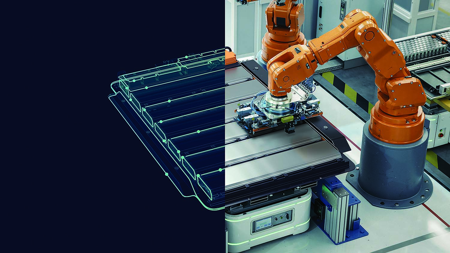 A split screen image of a Siemens battery digital twin and a car battery.