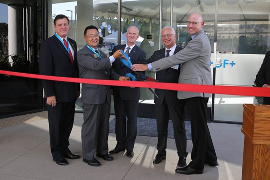 (Left to right): State Assembly Member Donald P. Wagner, a member of the California State Assembly from the 68th district; Irvine Mayor Steven S. Choi; Glynn Fletcher, president of GF Machining Solutions Americas; Pietro Lori, head of GF Piping Systems and a member of the GF executive committee in Switzerland; and James Jackson, head of business unit Americas for GF Piping Systems. Credit: GF Machining Solutions.