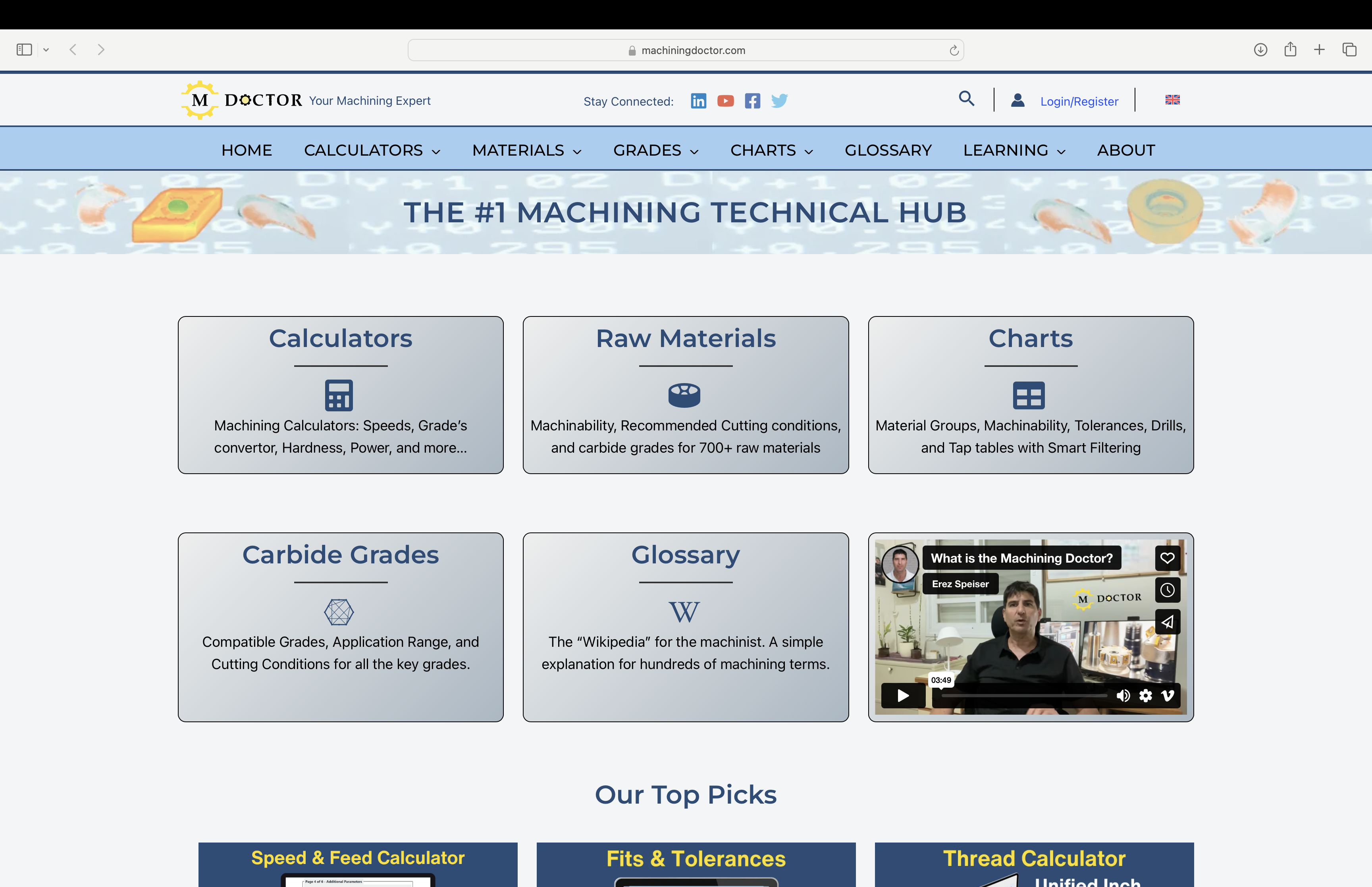 The website offers a variety of calculators to help machinists.