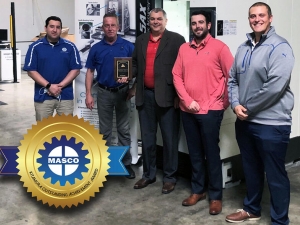 The Sales Team at Machinery Sales Co. (left to right): Jared Hutchinson, Andrew Graham, David Cogswell, Chris Mangano, and Jared Storb pictured with their “Outstanding Achievement” award from Kitamura Machinery.