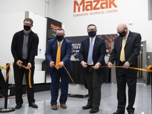 Dignitaries cut the ribbon to open the technical center including  (from left to right) is Doug Quinn, president of Q2ALS and a Mazak customer, Bill Jaklin, Mazak Western Canada sales manager, Jason Kenney, Alberta Premier and Ray Buxton, general manager of Mazak Canada.