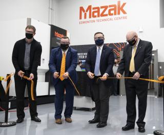 Dignitaries cut the ribbon to open the technical center including  (from left to right) is Doug Quinn, president of Q2ALS and a Mazak customer, Bill Jaklin, Mazak Western Canada sales manager, Jason Kenney, Alberta Premier and Ray Buxton, general manager of Mazak Canada.