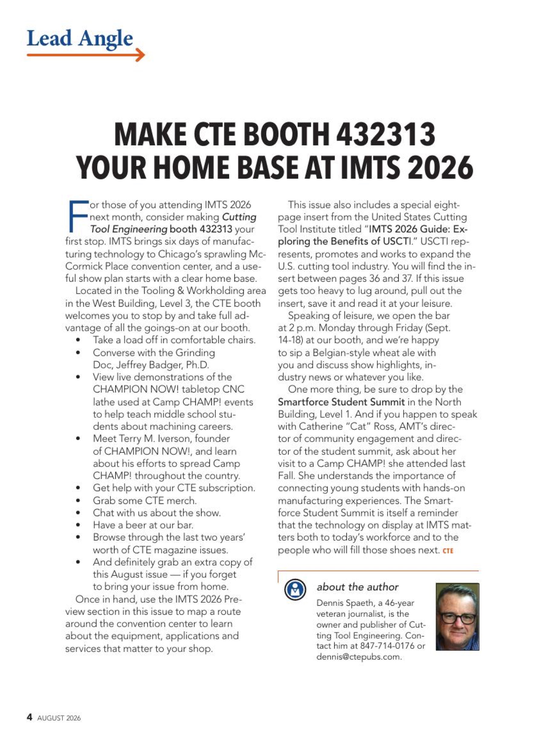 CTE Lead Angle page introducing booth 432313 at IMTS 2026