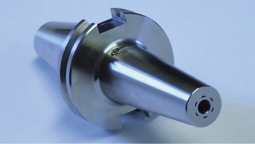 The KoolBlast Thermalfit through-coolant toolholder from Advanced Industries features D-shaped orifices and the company's PressureMax design, which together minimize turbulence as coolant contacts the cutting tool. Image courtesy Advanced Industries. The KoolBlast Thermalfit through-coolant toolholder from Advanced Industries features D-shaped orifices and the company's PressureMax design, which together minimize turbulence as coolant contacts the cutting tool. Image courtesy Advanced Industries.