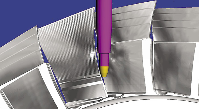 PowerMILL image of a finishing operation on a blade barrel. Image courtesy Delcam. PowerMILL image of a finishing operation on a blade barrel. Image courtesy Delcam.