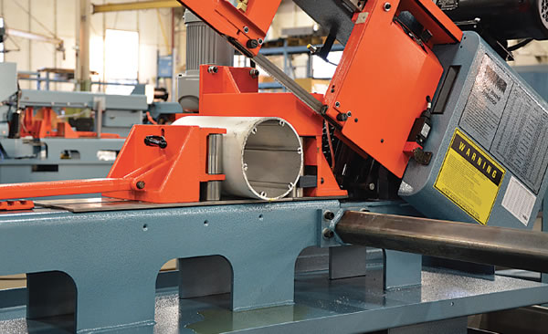 A DoALL saw cuts round pipe. Image courtesy DoAll Sawing Products. A DoALL saw cuts round pipe. Image courtesy DoAll Sawing Products.