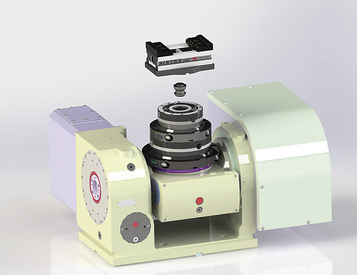 Modular workholding extends to 5-axis machining as well, such as this a zero-point system that's used to attach a quick-change vise. Image courtesy Fixtureworks. Modular workholding extends to 5-axis machining as well, such as this a zero-point system that's used to attach a quick-change vise. Image courtesy Fixtureworks.