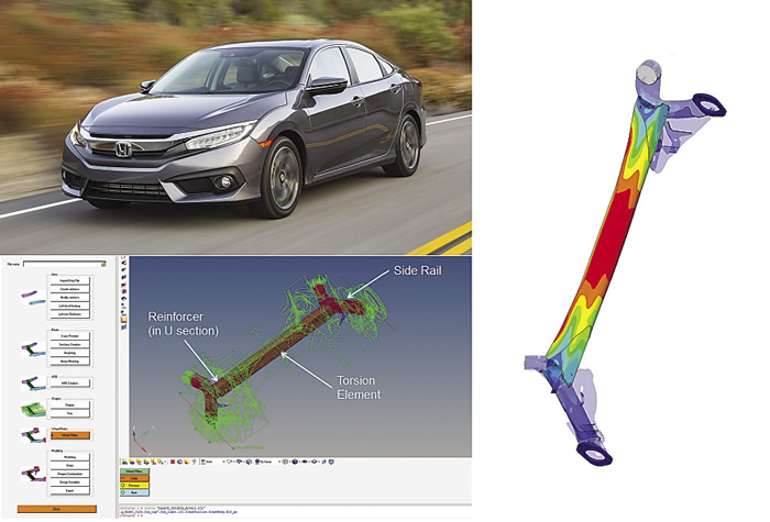 The Gestamp RTB suspension can be found on many makes and models, including the Honda Civic. Altair developed the RTB toolbox interface (bottom). Stress contours for a critical antiphase fatigue load case (right). Images courtesy Honda Motor Co. (top) and Gestamp/Altair. The Gestamp RTB suspension can be found on many makes and models, including the Honda Civic. Altair developed the RTB toolbox interface (bottom). Stress contours for a critical antiphase fatigue load case (right). Images courtesy Honda Motor Co. (top) and Gestamp/Altair.