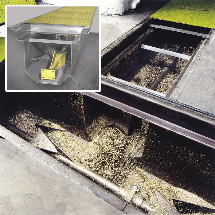 Prab's in-floor harpoon conveyor is engineered to move volumes of metal chips, fines and turnings from the source. The free-floating ram pushes material down the length of the conveyor, and a liquid-tight trough prevents coolant spillage and allows metal and fluid to be recycled. Image courtesy PRAB. Prab's in-floor harpoon conveyor is engineered to move volumes of metal chips, fines and turnings from the source. The free-floating ram pushes material down the length of the conveyor, and a liquid-tight trough prevents coolant spillage and allows metal and fluid to be recycled. Image courtesy PRAB.