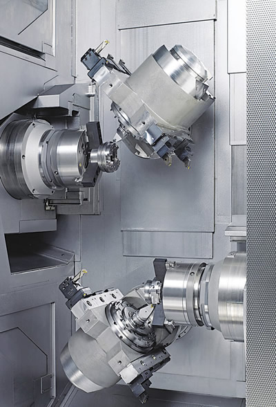 An INDEX R300 turn-mill center performs simultaneous 5-axis machining on the main and counter spindles. Image courtesy INDEX. An INDEX R300 turn-mill center performs simultaneous 5-axis machining on the main and counter spindles. Image courtesy INDEX.