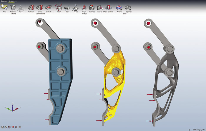 Models in Inspire 2016 show a component designed for strength (left), with optimized geometry (middle) and the final design model (right). Image courtesy solidThinking. Models in Inspire 2016 show a component designed for strength (left), with optimized geometry (middle) and the final design model (right). Image courtesy solidThinking.