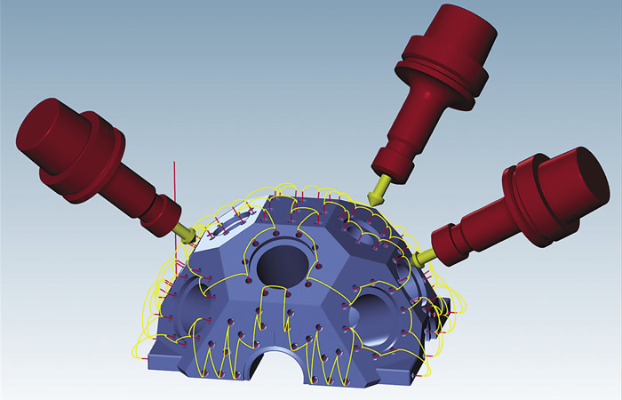 According to Open Mind's Alan Levine, this part with holes on planar faces is best-suited for programming with a CAM system instead of conversational programming, because of the need to manually key hole locations. Image courtesy Open Mind Technologies.