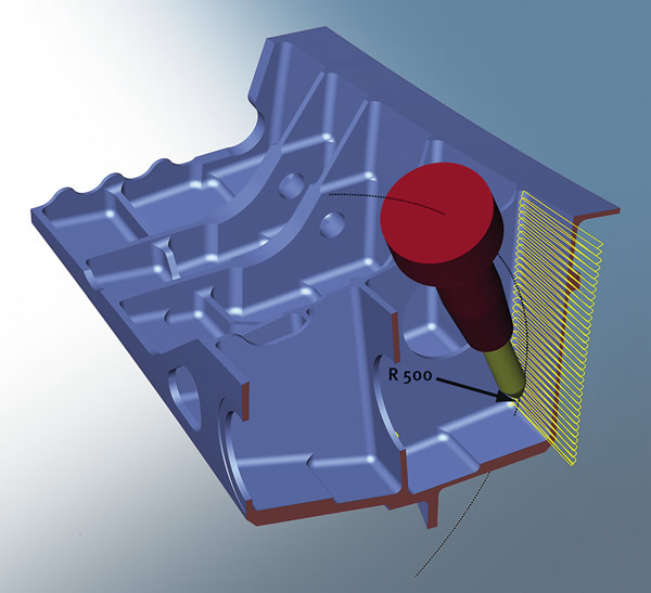 A segment of a structural part is cut with a conical barrel cutter using hyperMILL's tangent-plane-machining strategy. The conical barrel cutter's 500mm (19.68 A segment of a structural part is cut with a conical barrel cutter using hyperMILL's tangent-plane-machining strategy. The conical barrel cutter's 500mm (19.68