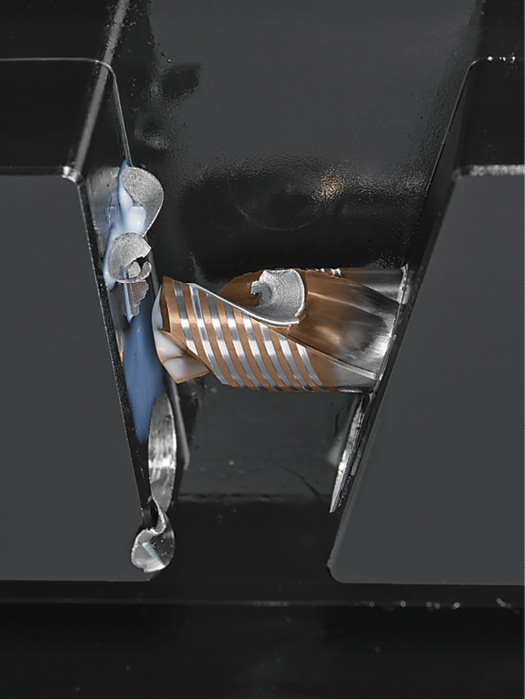 The flute design of the Walter DC170 drill creates support around the periphery of the tool to prevent chatter and drill walking when making angled holes, according to the company. Image courtesy Walter USA. The flute design of the Walter DC170 drill creates support around the periphery of the tool to prevent chatter and drill walking when making angled holes, according to the company. Image courtesy Walter USA.