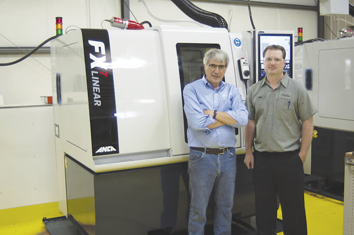 Tom Greene (left), owner of Greene Tool Systems, stands with Plant Manager Steve Mader in front of one of the toolmaker's two ANCA FX7 Linear tool and cutter grinders. Tom Greene (left), owner of Greene Tool Systems, stands with Plant Manager Steve Mader in front of one of the toolmaker's two ANCA FX7 Linear tool and cutter grinders.