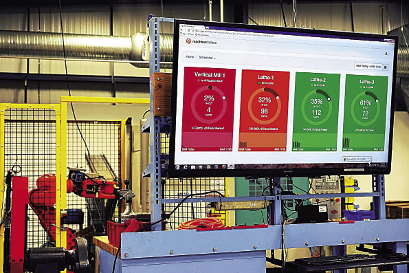 With machine monitoring and OEE software, shop managers and machine operators can view a dashboard that provides simple, color-coded, at-a-glance snapshots as to whether a job is performing at or below expectations. Image courtesy MachineMetrics. With machine monitoring and OEE software, shop managers and machine operators can view a dashboard that provides simple, color-coded, at-a-glance snapshots as to whether a job is performing at or below expectations. Image courtesy MachineMetrics.