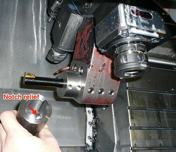 When blind-keyway broaching, CNC Broach Tool recommends creating a relief area in the part to push chips into and prevent chip packing. The types include cross-hole, groove, and notch (pictured). Image courtesy of CNC Broach Tool.