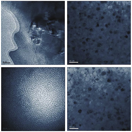 Transmission electron microscopy images show different levels of crystallinity embedded in the amorphous matrix of the SAM2X5-630 steel alloy. Image courtesy Jacobs School of Engineering, UC San Diego. Transmission electron microscopy images show different levels of crystallinity embedded in the amorphous matrix of the SAM2X5-630 steel alloy. Image courtesy Jacobs School of Engineering, UC San Diego.