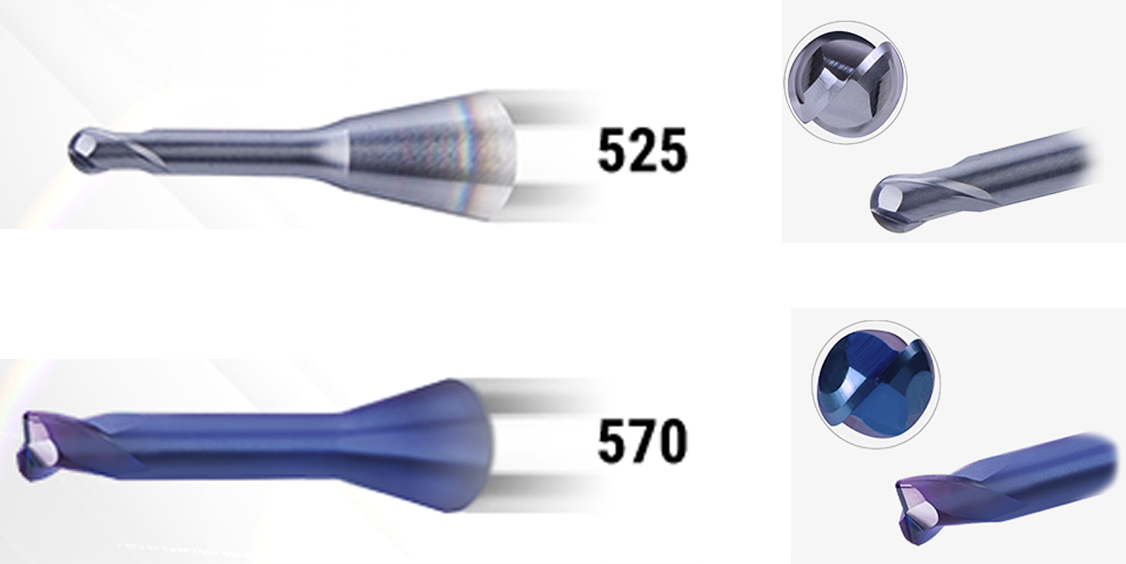 The 525 SC full-radius end mill and 570 SC mini copying end mill mold construction tools are designed for HSC operation at steel material hardness' of 52 to 65 HRC.