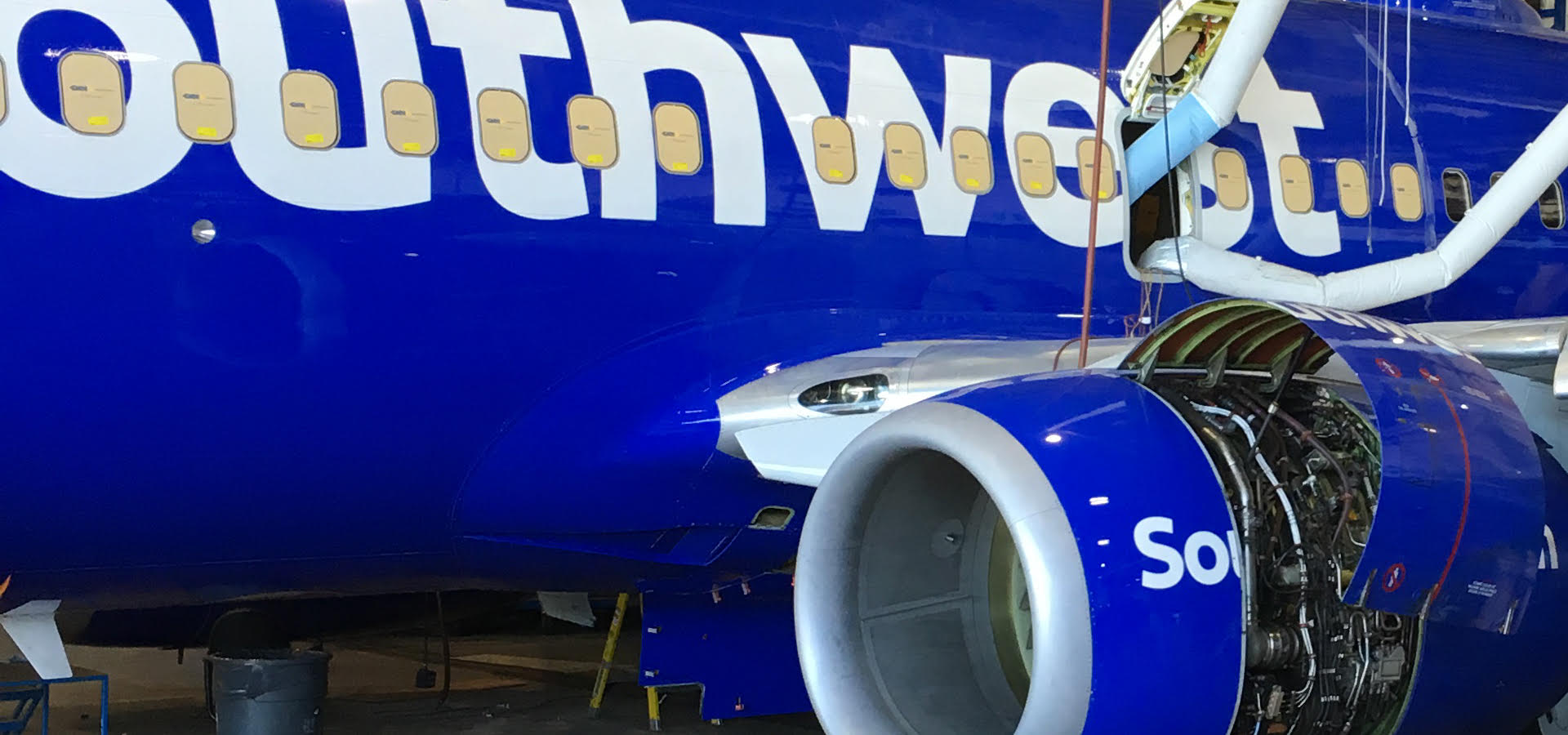 The aircraft undergoes maintenance and inspection.