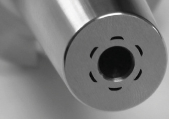 The coolant orifice shape in KoolBlast's Thermalfit toolholders produces a thin and wide coolant stream that slices through the air. Image courtesy KoolBlast.
