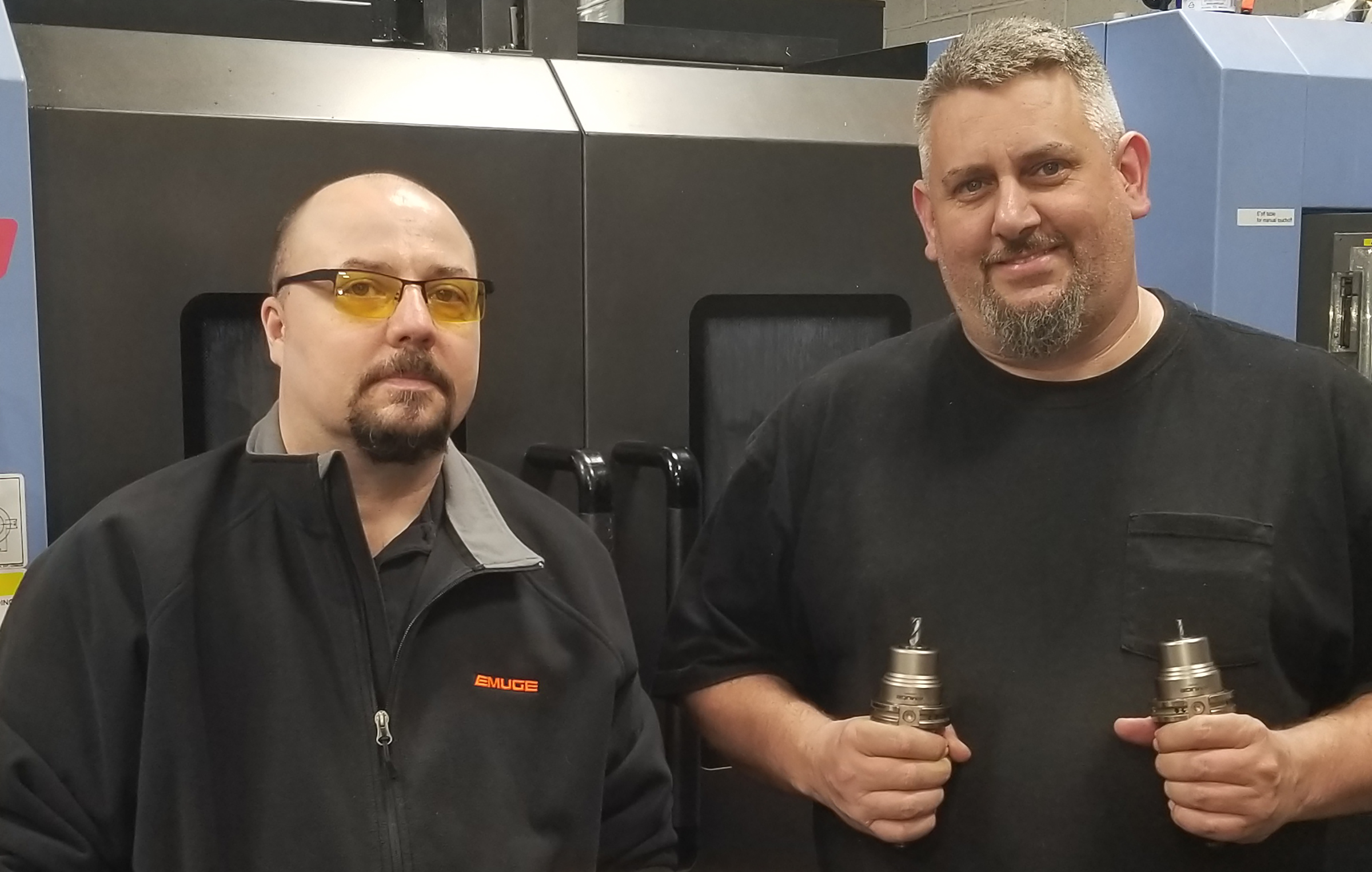 Sales Representative Bill Anderson from EMUGE's local distributor W.C. Chapman (L), and SB Dezigns Owner and CEO Billy Crabtree (R) at the SB Dezigns precision production machine shop.