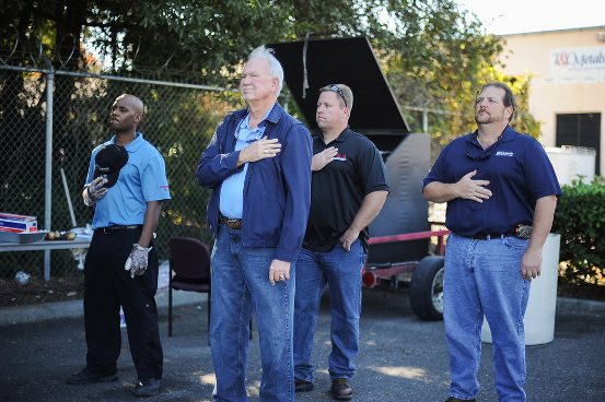 From left to right: Cedric Kirby, warehouse manager of T&C Metals and United States Air National Guard veteran; Raymond G. Moseley of event sponcer G&A Manufacturing, Keystone Heights Florida, USANG veteran; John Kelley, assistant operations of T&C Metals; Wayne Morse, operations Manager of G&A Manufacturing. 