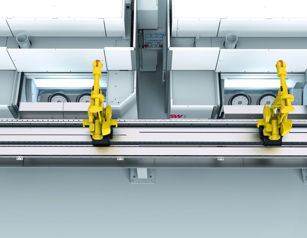 SW Overhead mounted multi axis robots save space and improve safety.